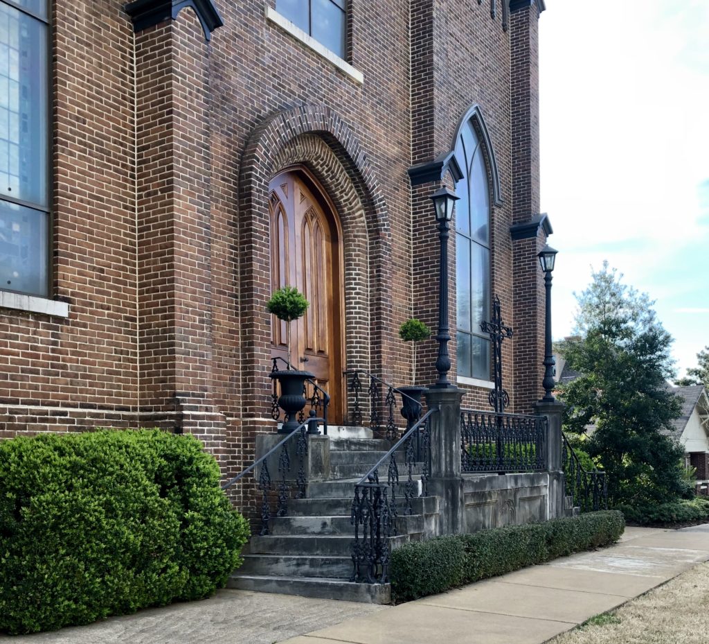Historic First Presbyterian Church in the Twickenham Historic Preservation District, in downtown in Huntsville, Alabama. The proposed ring road plan would have destroyed the front steps of the church, pictured here.